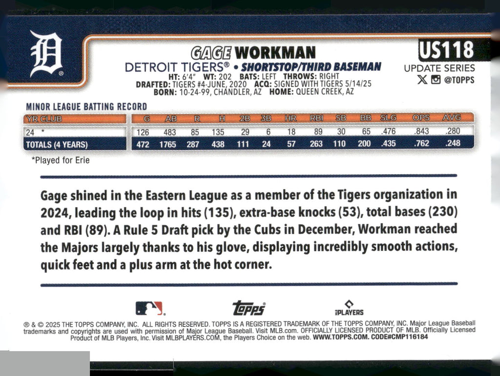 2025 Topps Update #US118 Gage Workman
