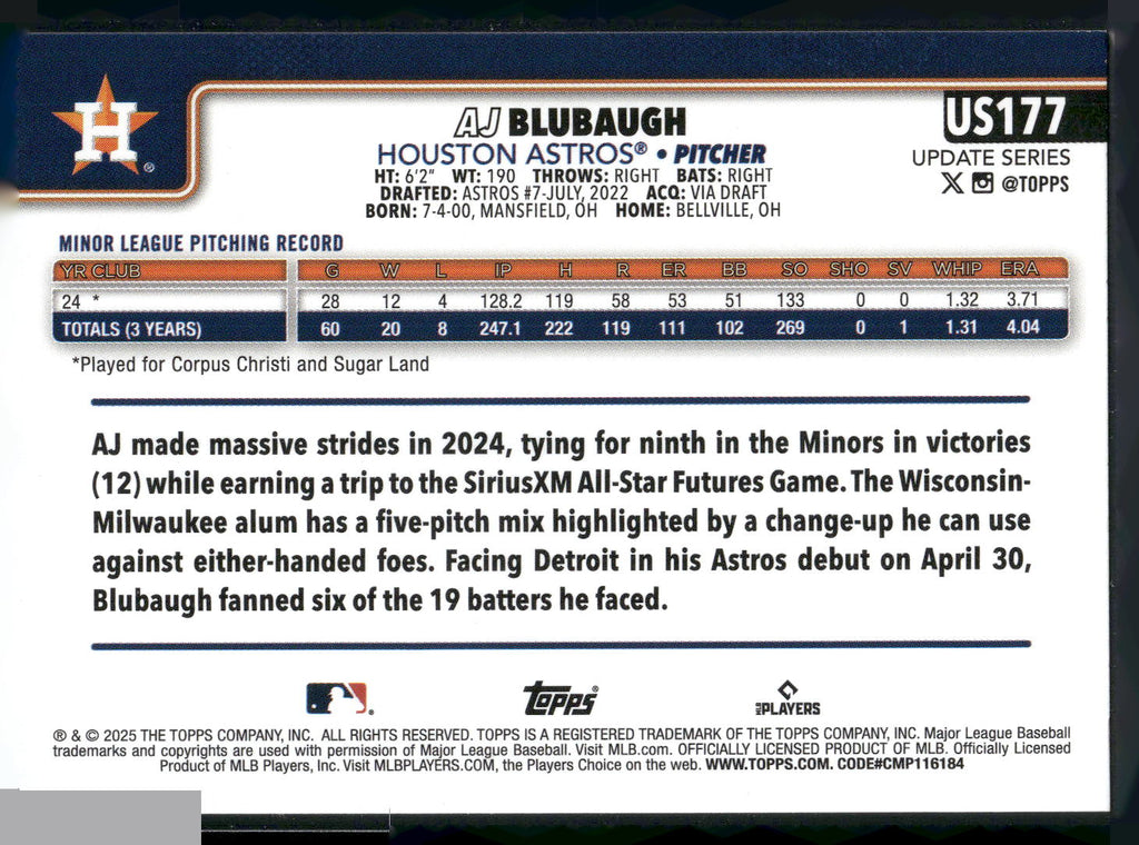 2025 Topps Update #US177 AJ Blubaugh