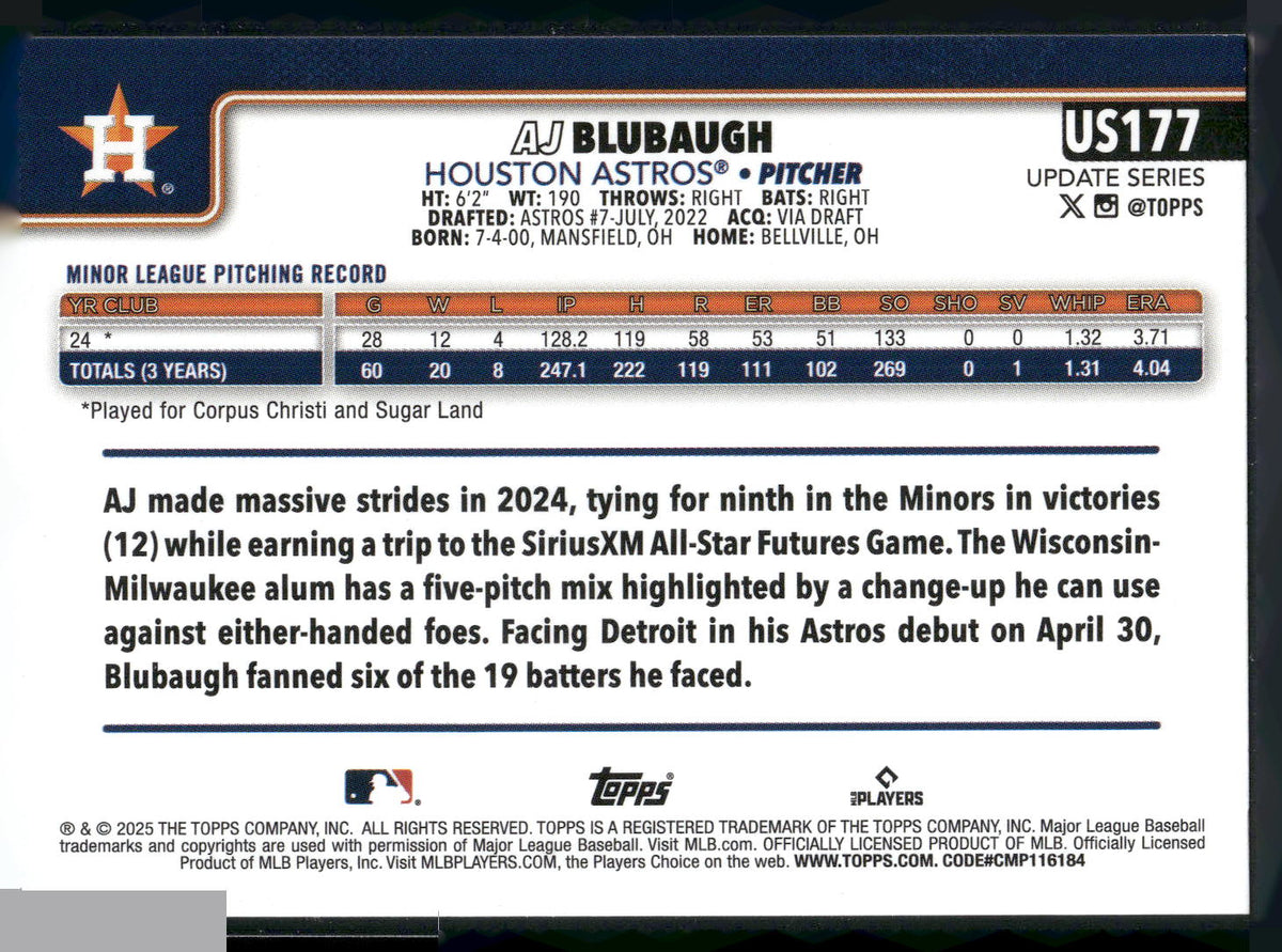 2025 Topps Update #US177 AJ Blubaugh