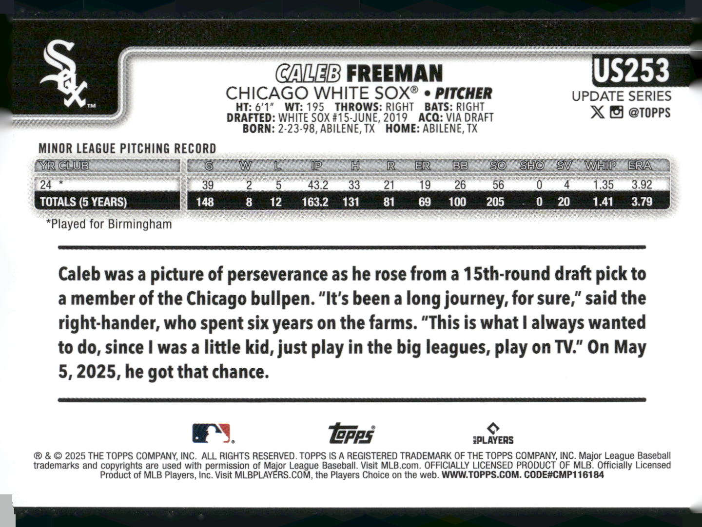 2025 Topps Update #US253 Caleb Freeman