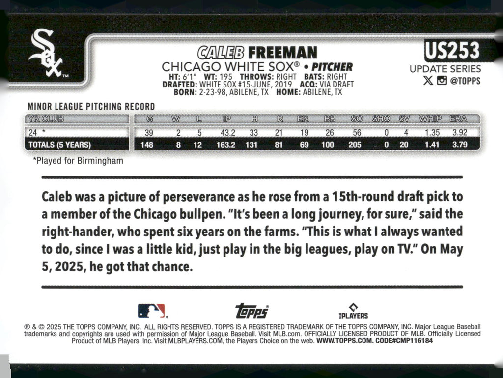 2025 Topps Update #US253 Caleb Freeman
