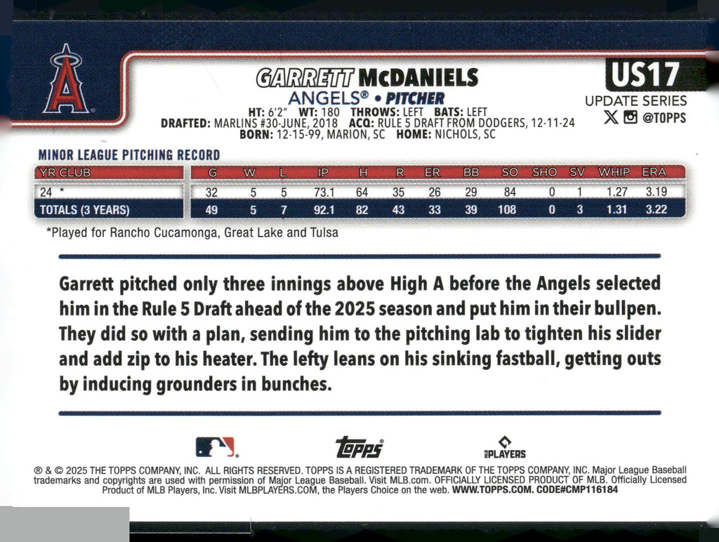 2025 Topps Update #US17 Garrett McDaniels