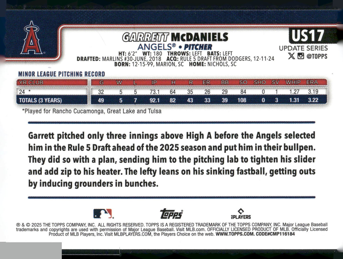 2025 Topps Update #US17 Garrett McDaniels