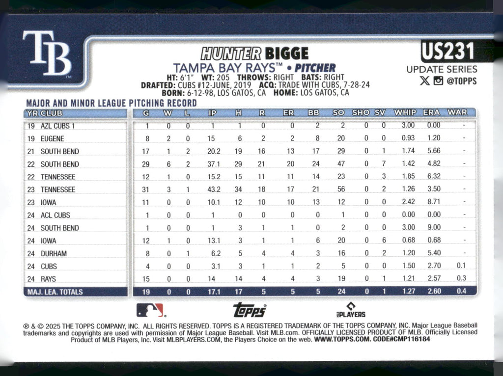 2025 Topps Update #US231 Hunter Bigge