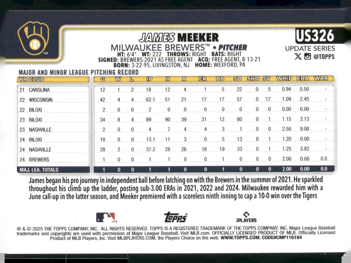 2025 Topps Update #US326 James Meeker
