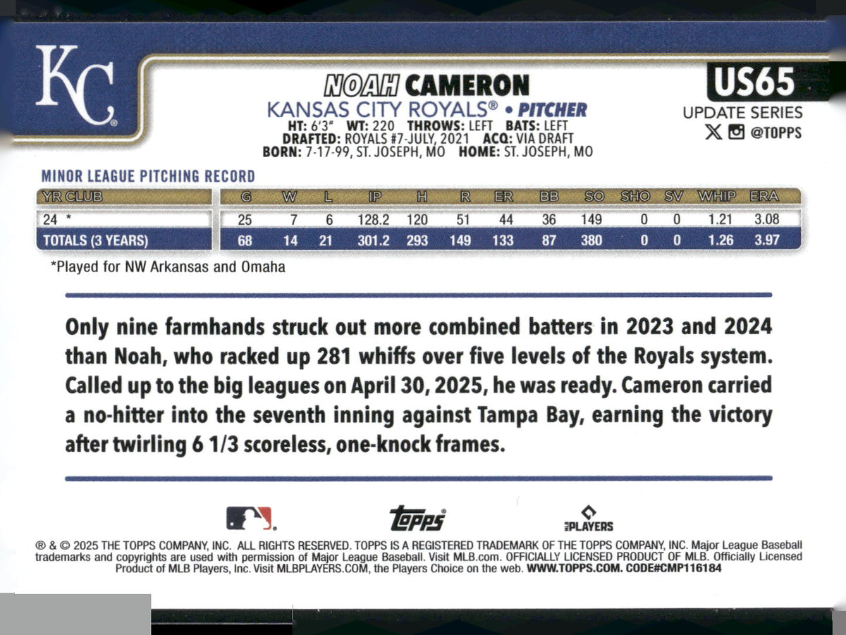 2025 Topps Update #US65 Noah Cameron