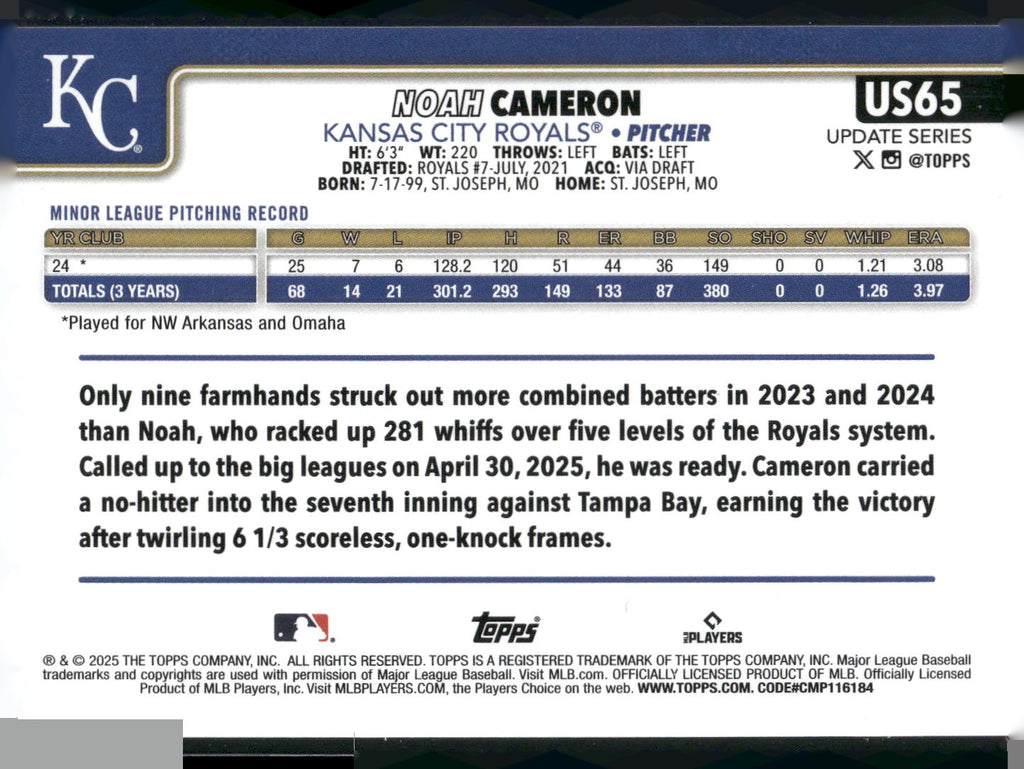 2025 Topps Update #US65 Noah Cameron