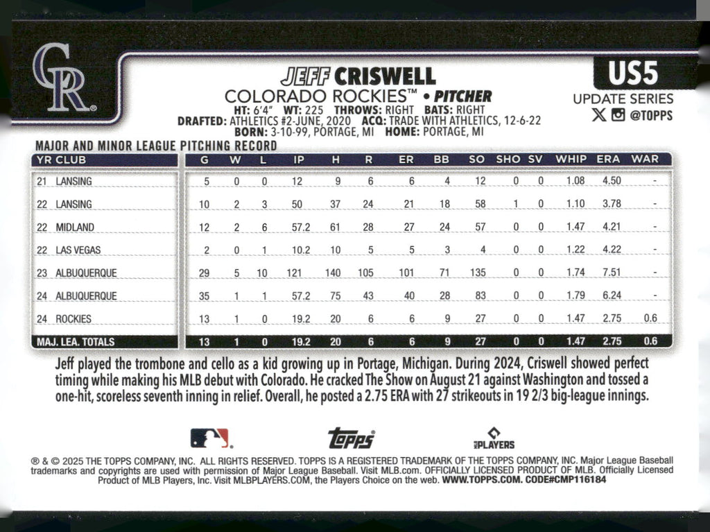 2025 Topps Update #US5 Jeff Criswell