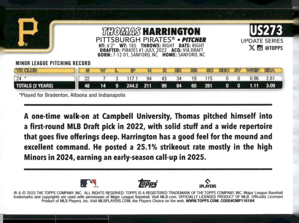 2025 Topps Update #US273 Thomas Harrington