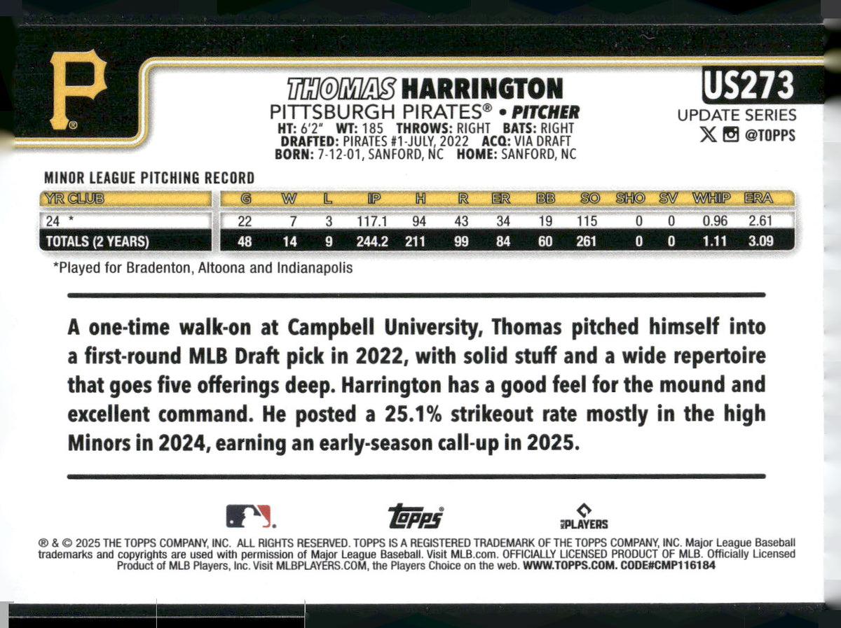 2025 Topps Update #US273 Thomas Harrington
