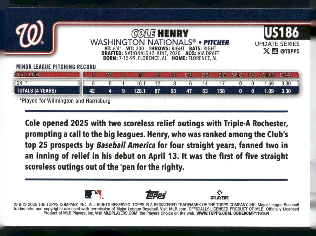 2025 Topps Update #US186 Cole Henry