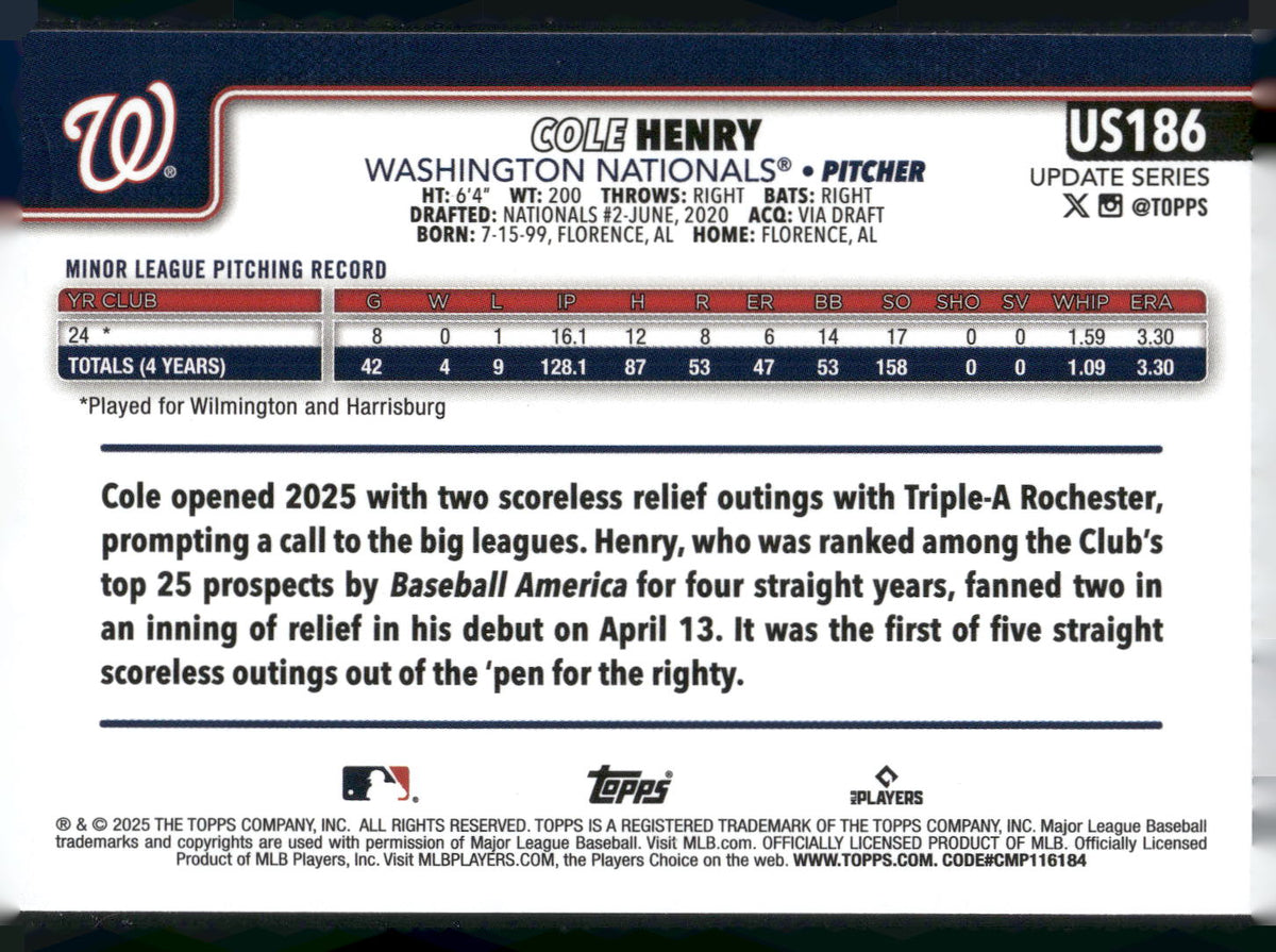 2025 Topps Update #US186 Cole Henry