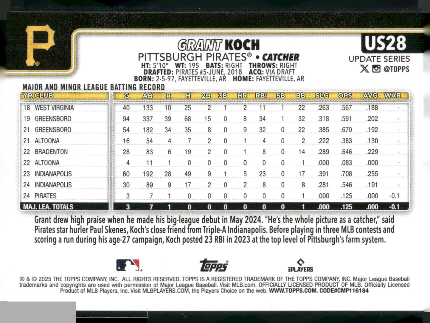 2025 Topps Update #US28 Grant Koch