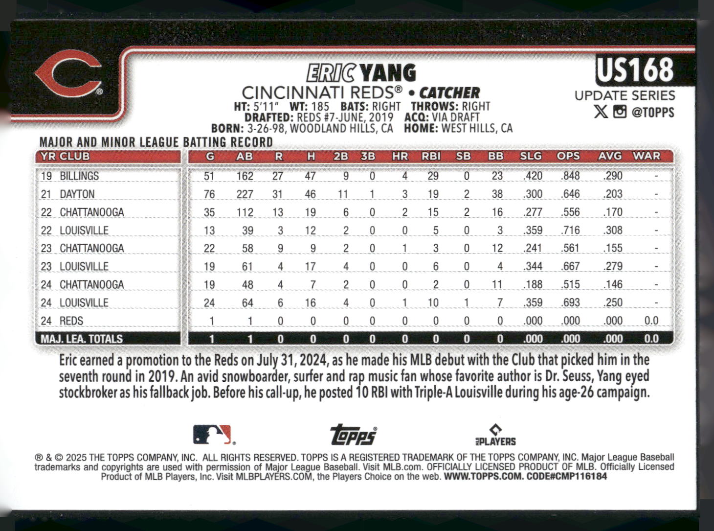 2025 Topps Update #US168 Eric Yang