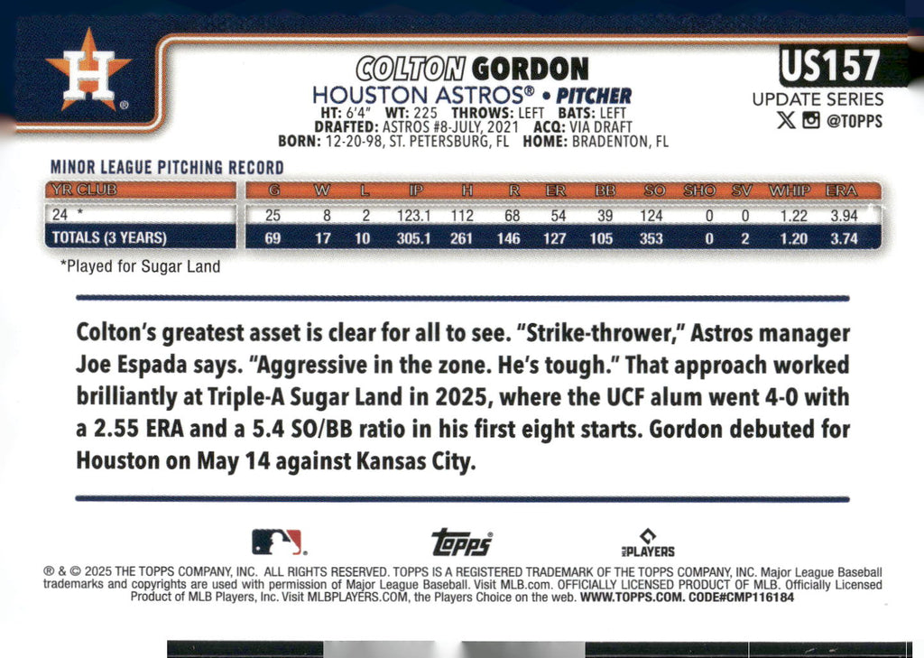 2025 Topps Update #US157 Colton Gordon