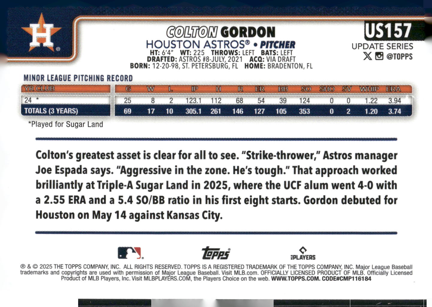 2025 Topps Update #US157 Colton Gordon