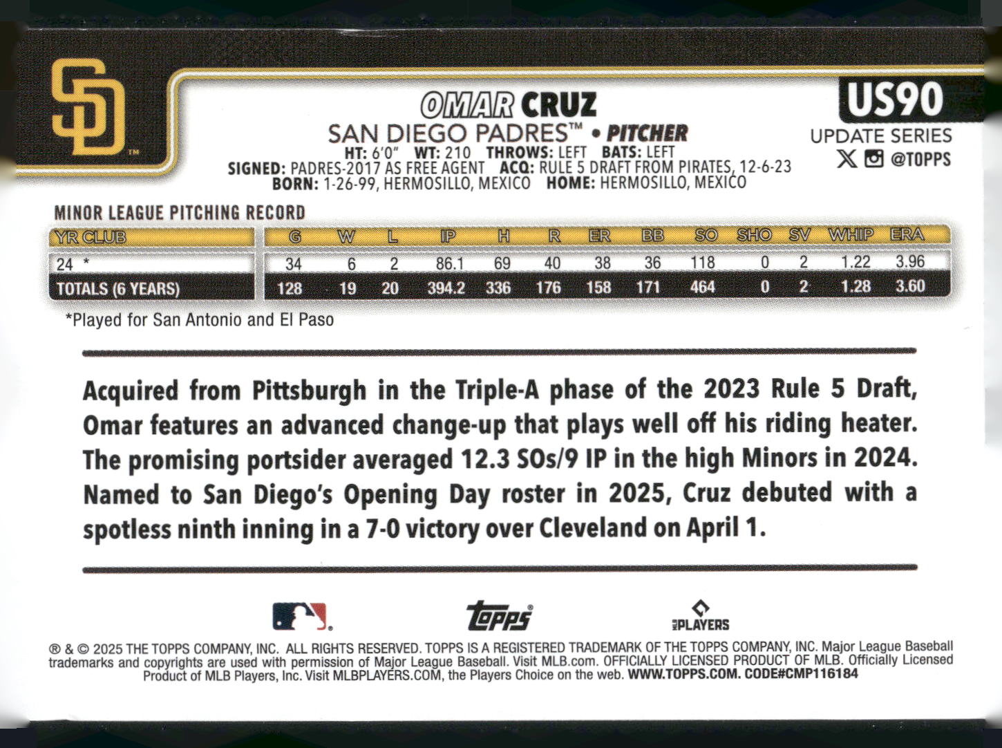 2025 Topps Update #US90 Omar Cruz