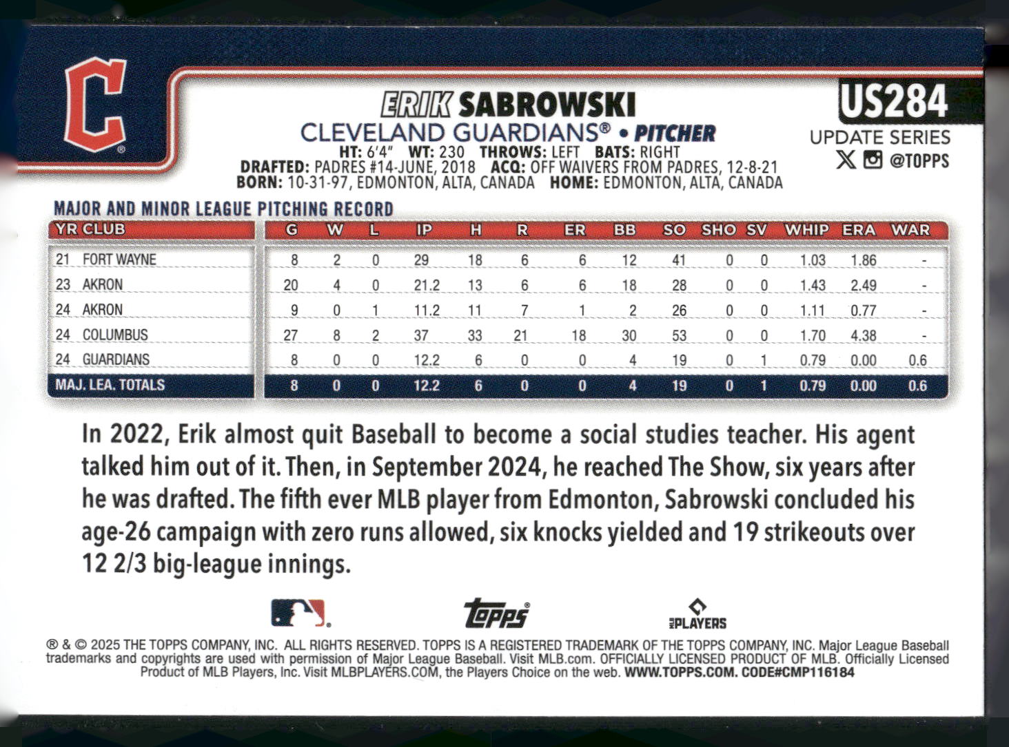 2025 Topps Update #US284 Erik Sabrowski
