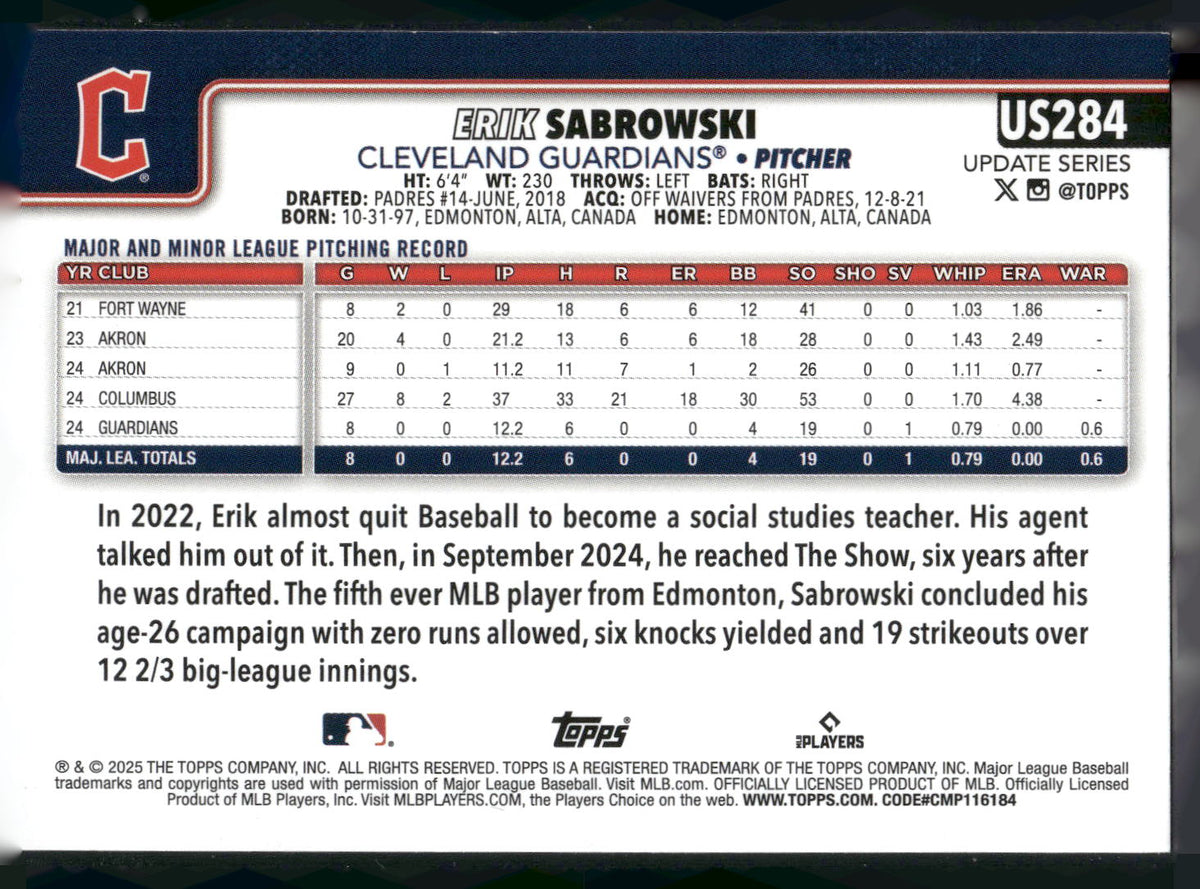 2025 Topps Update #US284 Erik Sabrowski