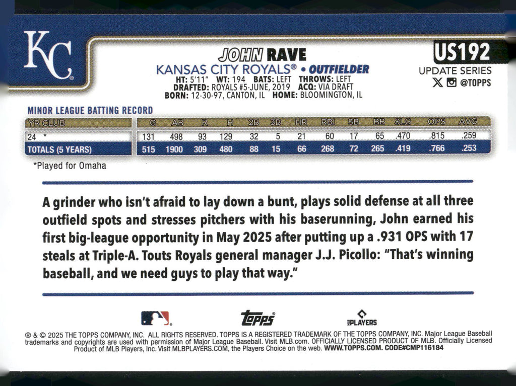 2025 Topps Update #US192 John Rave