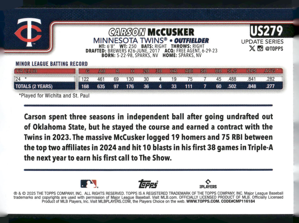 2025 Topps Update #US279 Carson McCusker