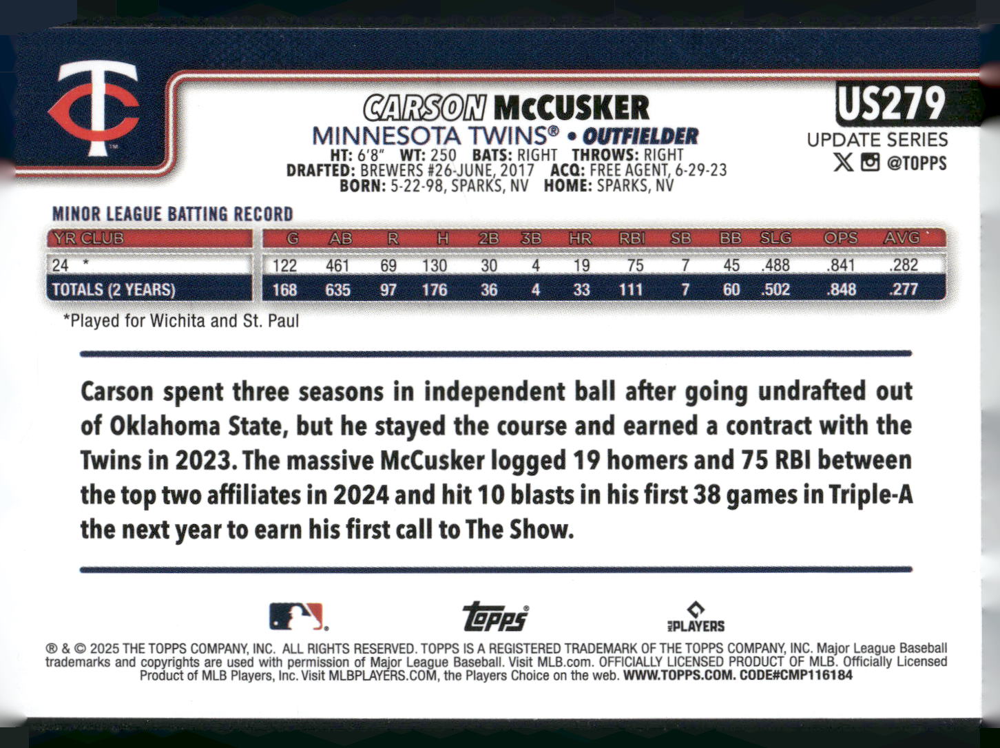 2025 Topps Update #US279 Carson McCusker