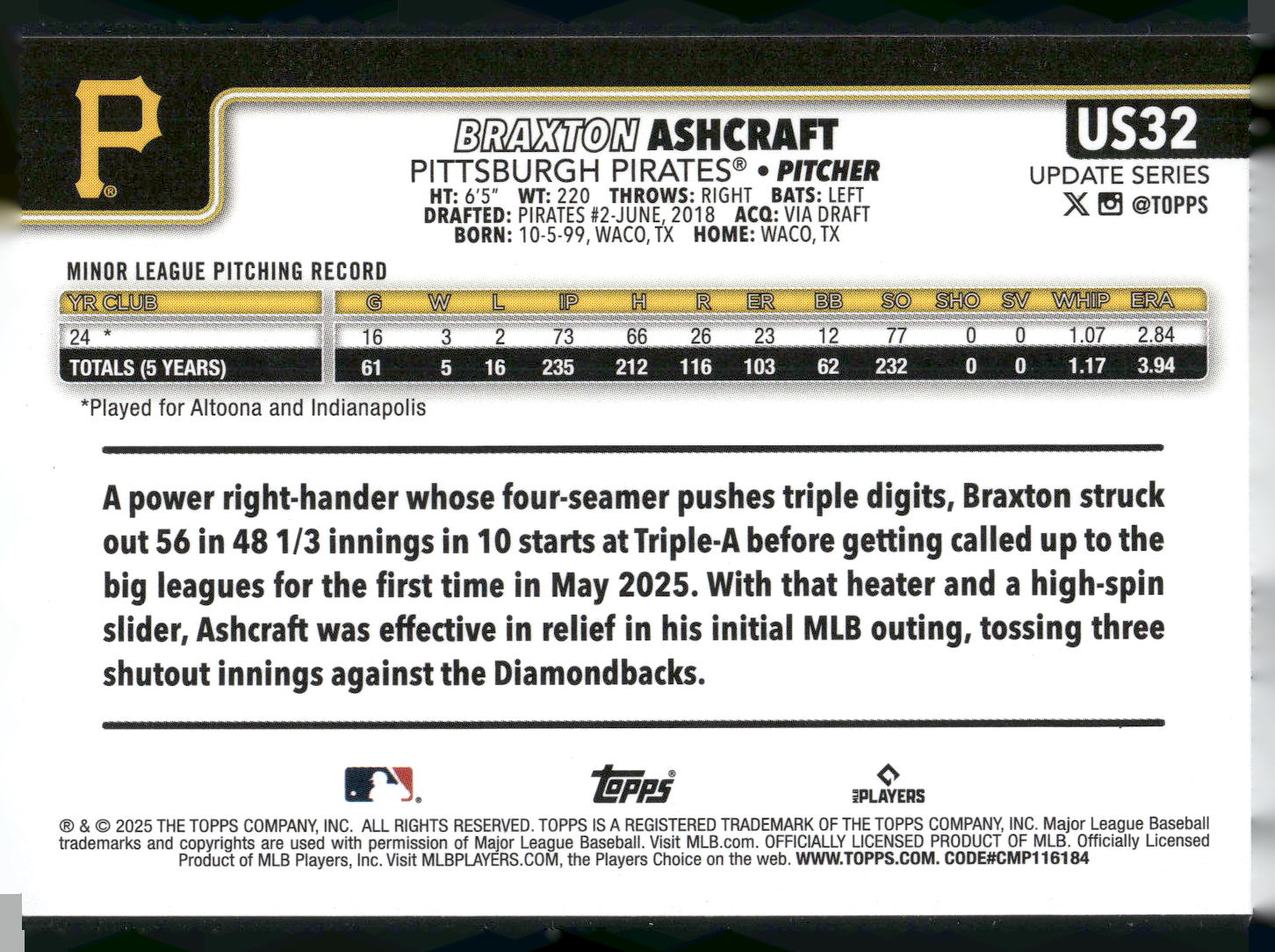 2025 Topps Update #US32 Braxton Ashcraft