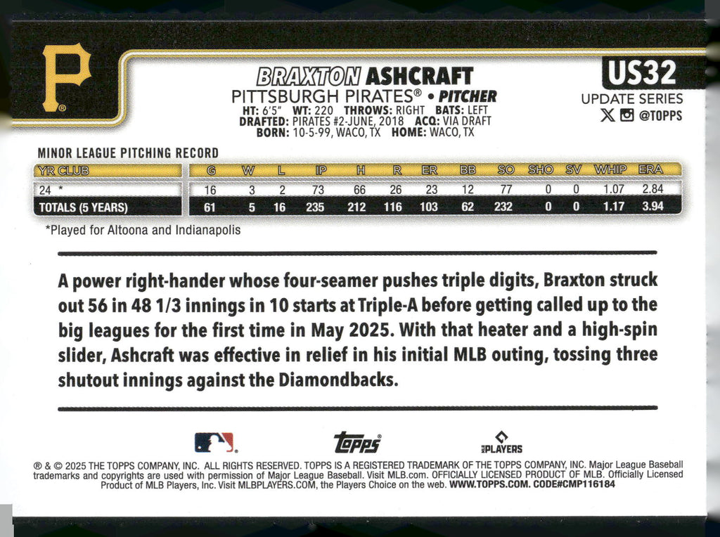 2025 Topps Update #US32 Braxton Ashcraft
