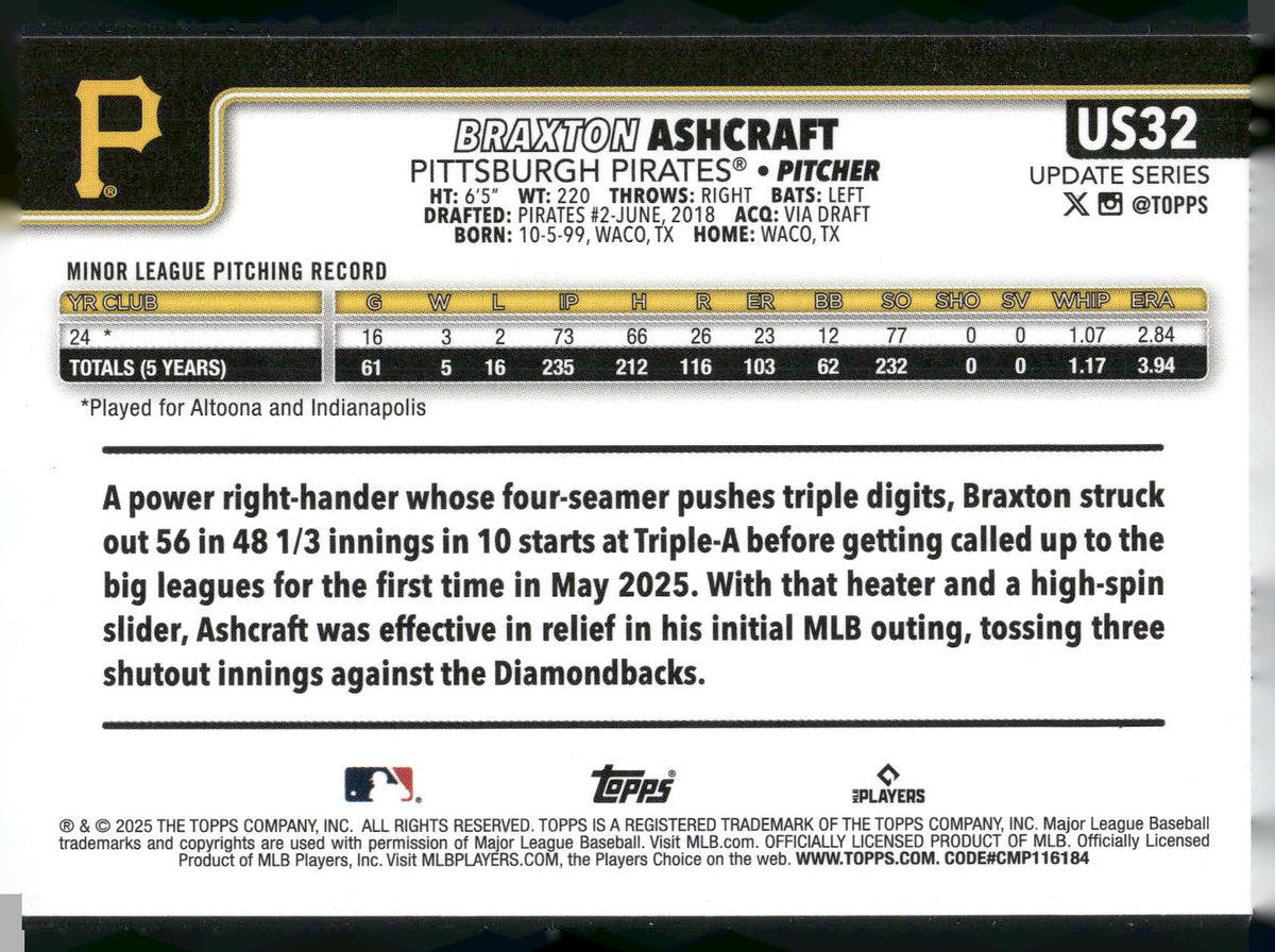 2025 Topps Update #US32 Braxton Ashcraft