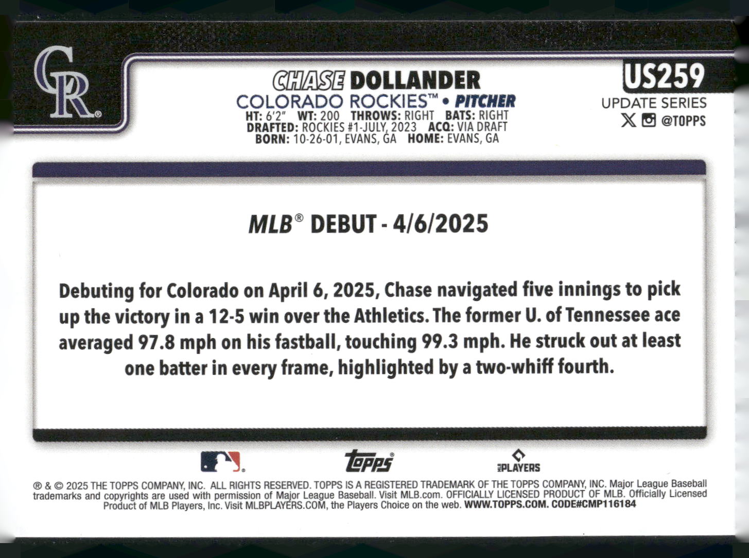 2025 Topps Update #US259 Chase Dollander