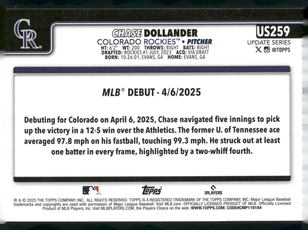 2025 Topps Update #US259 Chase Dollander