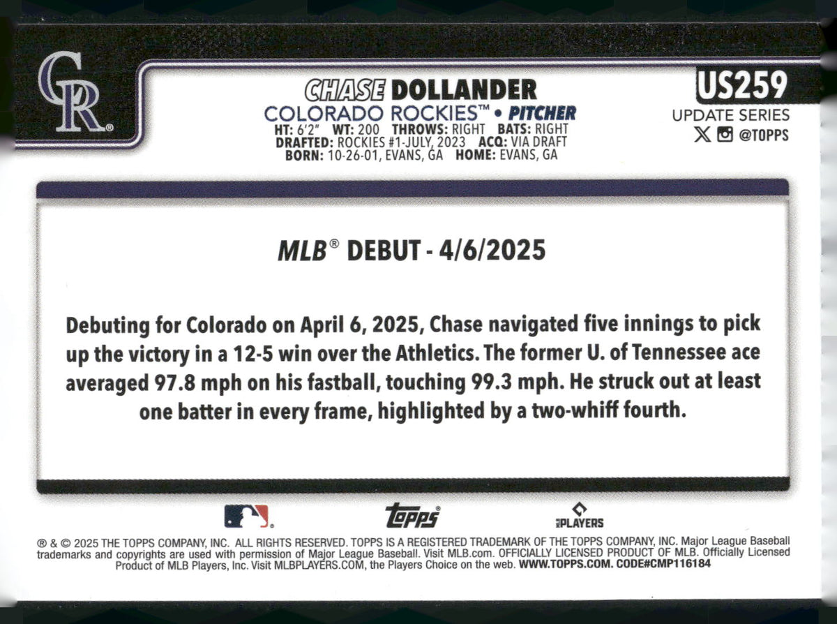 2025 Topps Update #US259 Chase Dollander