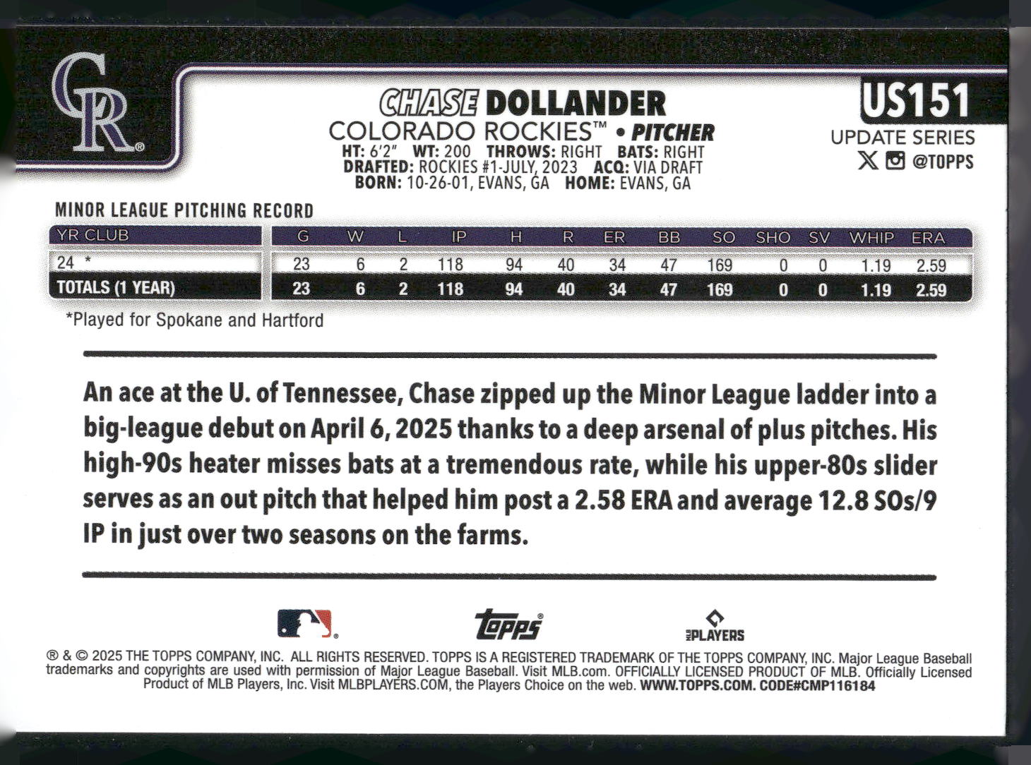 2025 Topps Update #US151 Chase Dollander