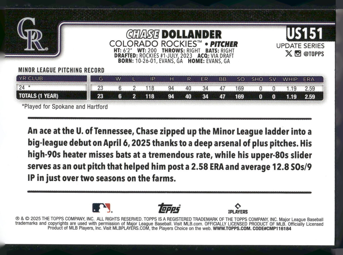 2025 Topps Update #US151 Chase Dollander