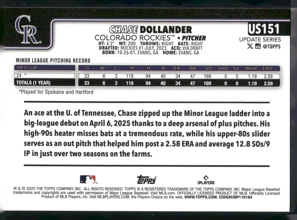 2025 Topps Update #US151 Chase Dollander