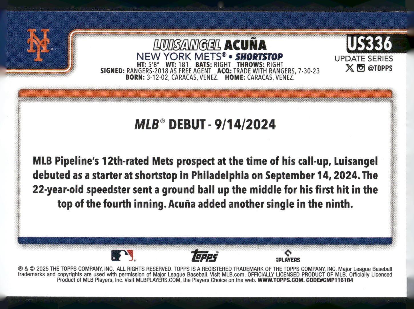 2025 Topps Update #US336 Luisangel Acuña