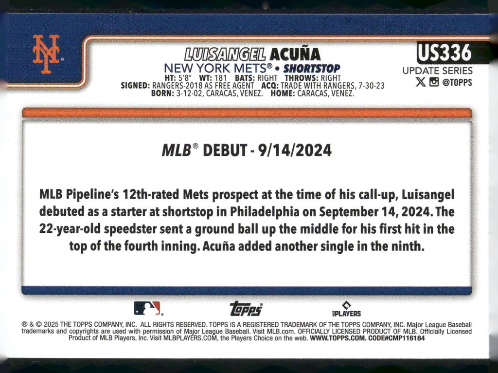 2025 Topps Update #US336 Luisangel Acuña