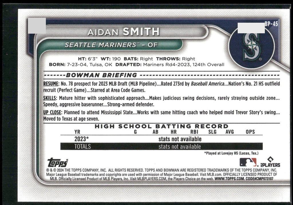 2024 Bowman #BP-45 Aidan Smith Prospects