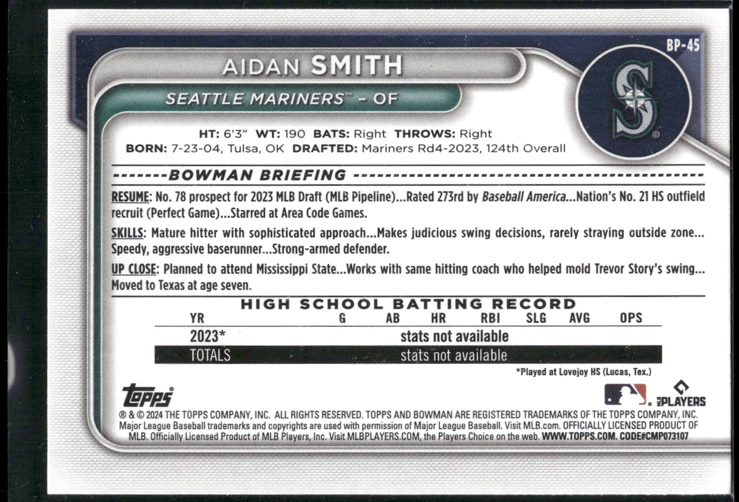 2024 Bowman #BP-45 Aidan Smith Prospects