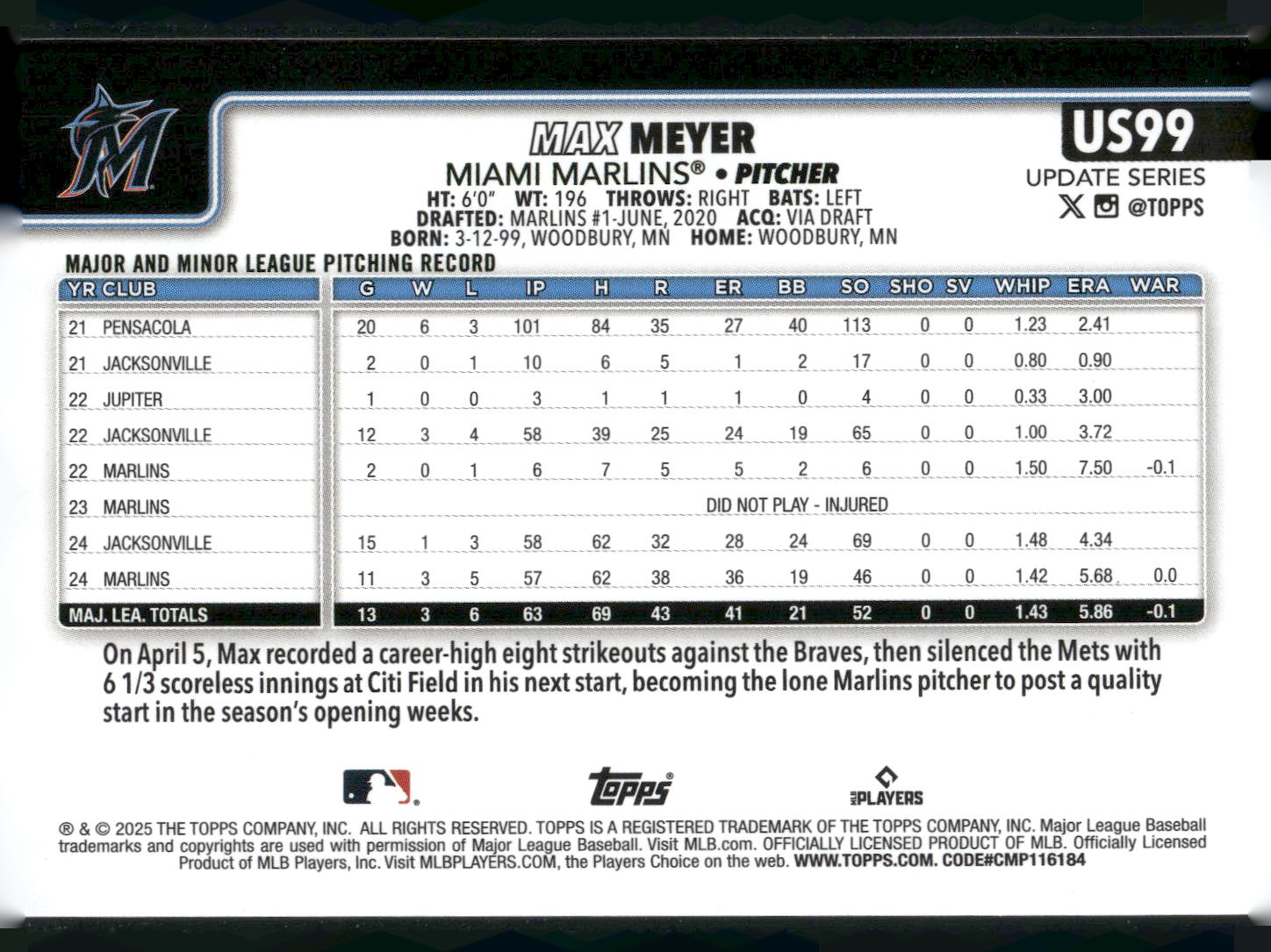 2025 Topps Update #US99 Max Meyer
