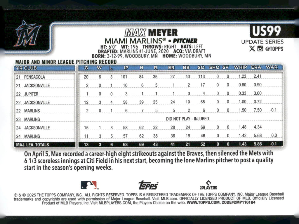 2025 Topps Update #US99 Max Meyer