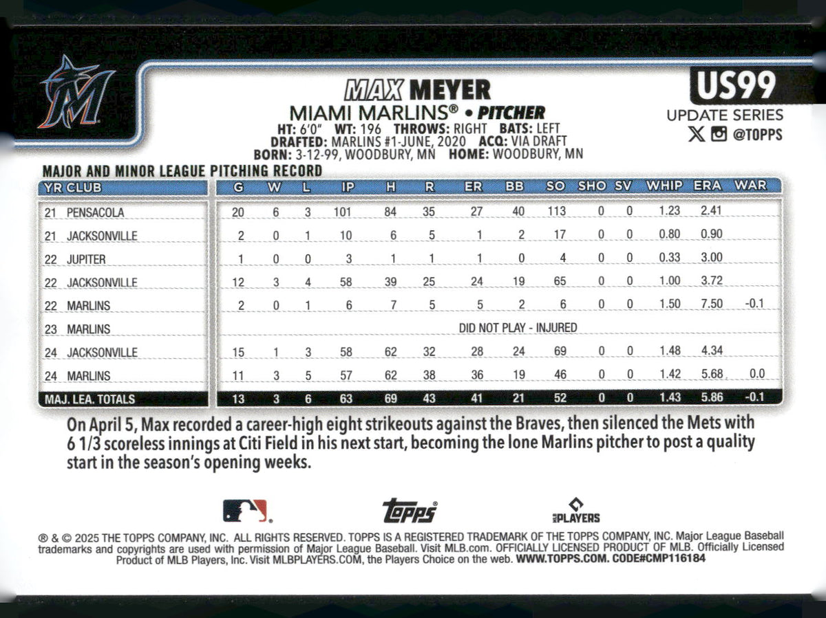 2025 Topps Update #US99 Max Meyer