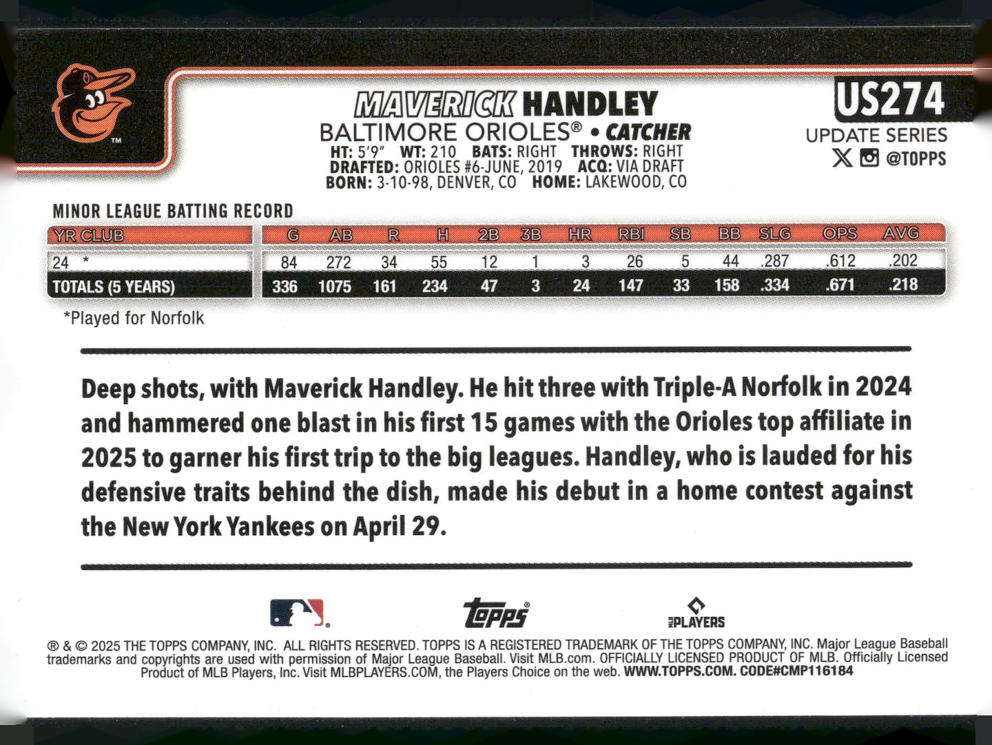 2025 Topps Update #US274 Maverick Handley