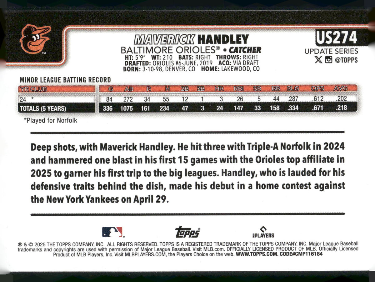 2025 Topps Update #US274 Maverick Handley