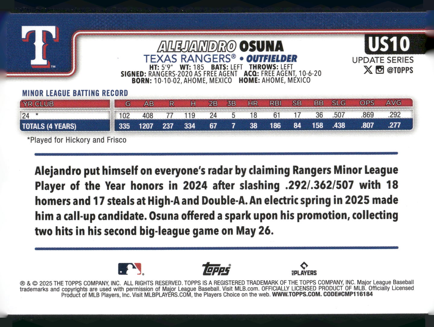 2025 Topps Update #US10 Alejandro Osuna