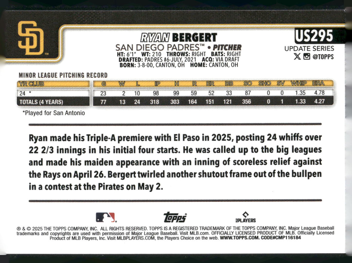 2025 Topps Update #US295 Ryan Bergert
