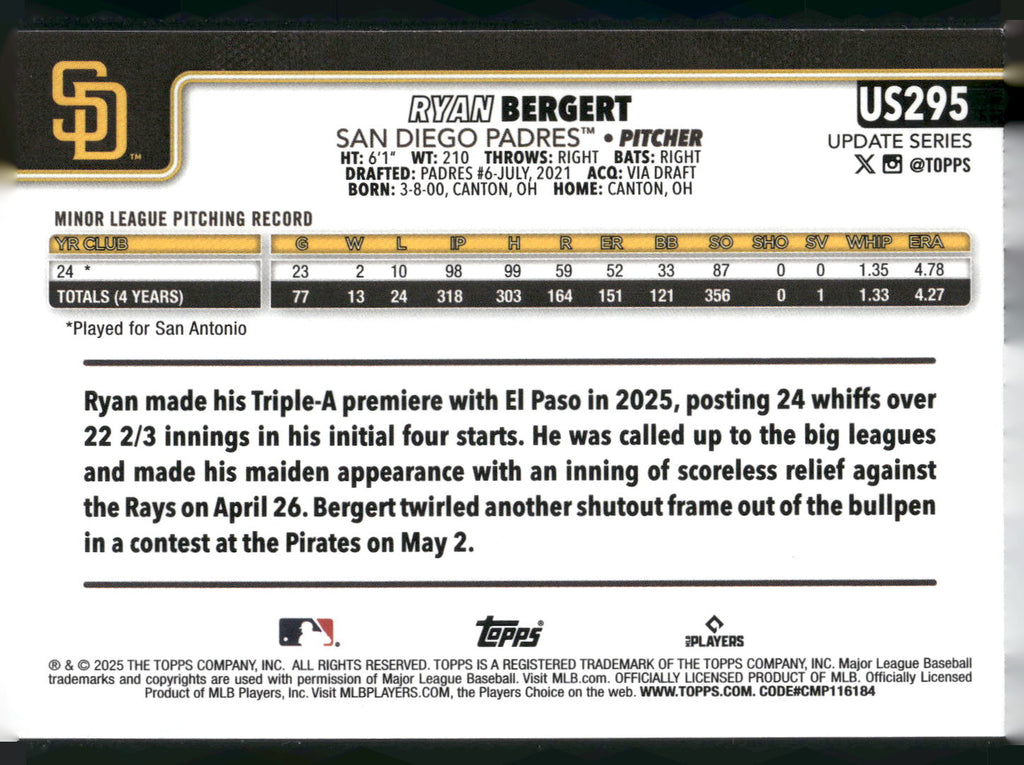 2025 Topps Update #US295 Ryan Bergert