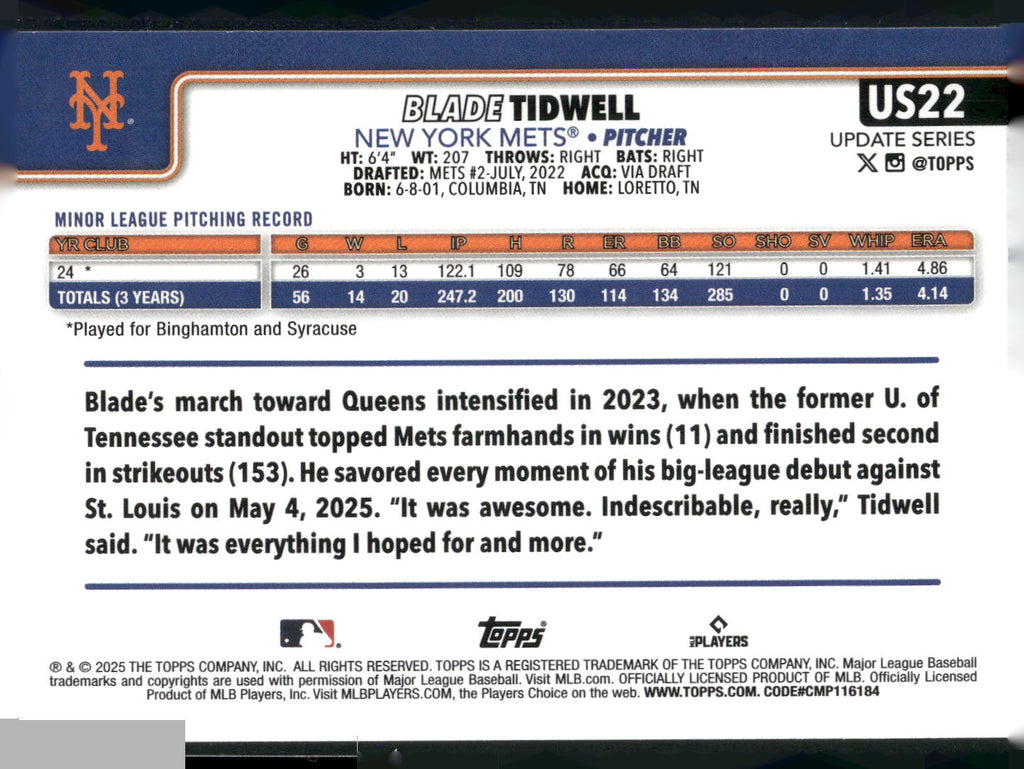 2025 Topps Update #US22 Blade Tidwell