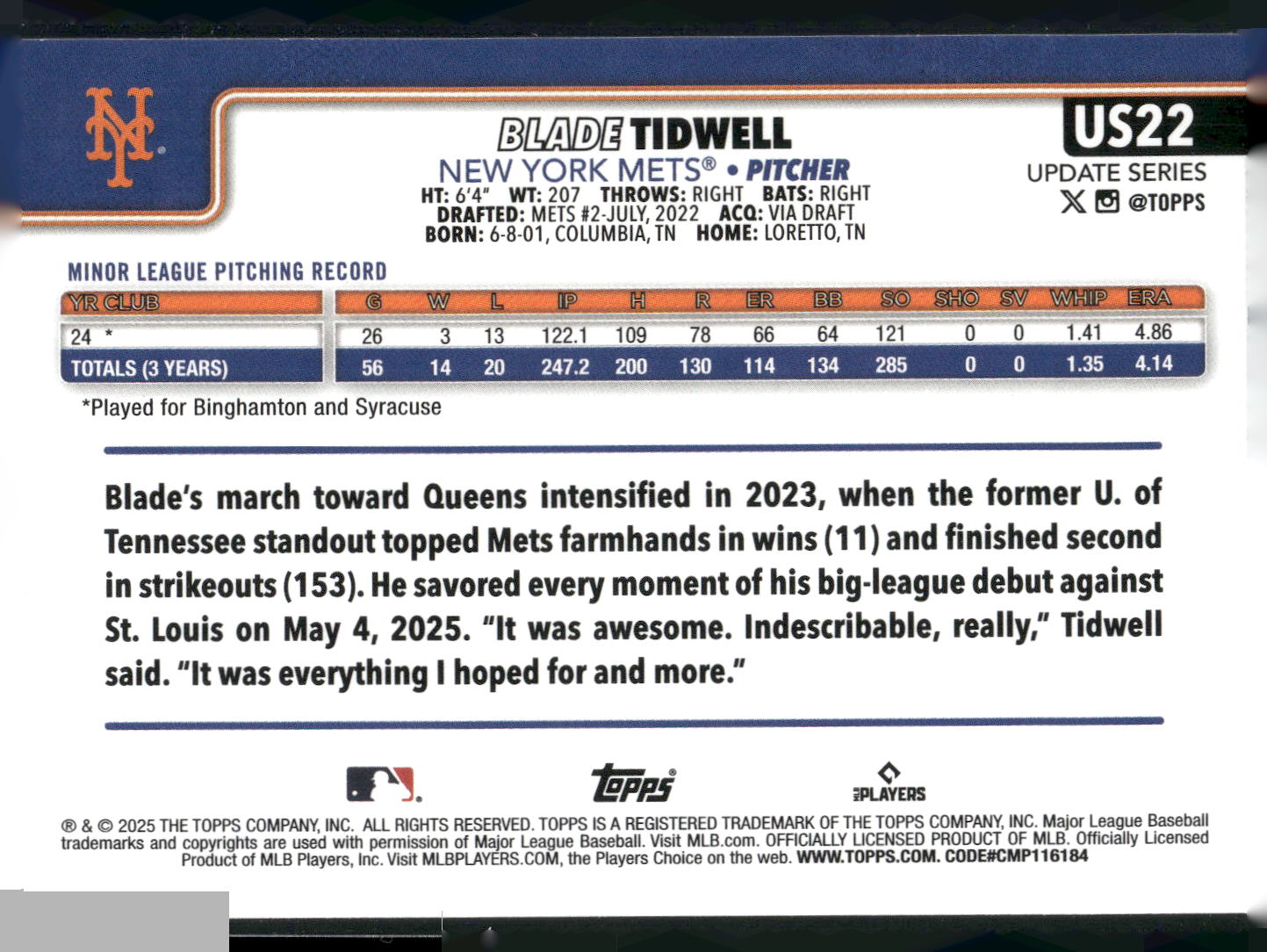 2025 Topps Update #US22 Blade Tidwell