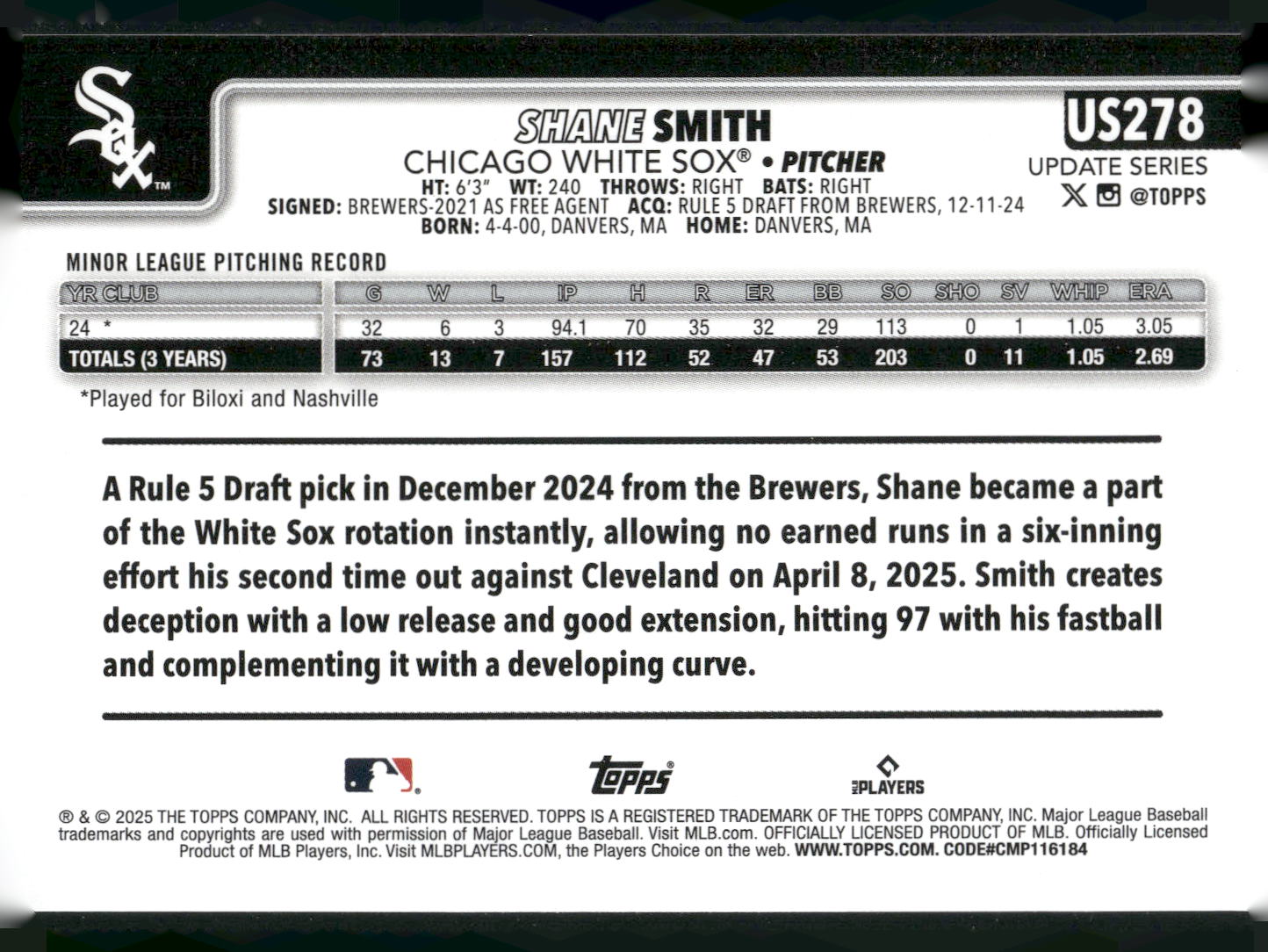 2025 Topps Update #US278 Shane Smith